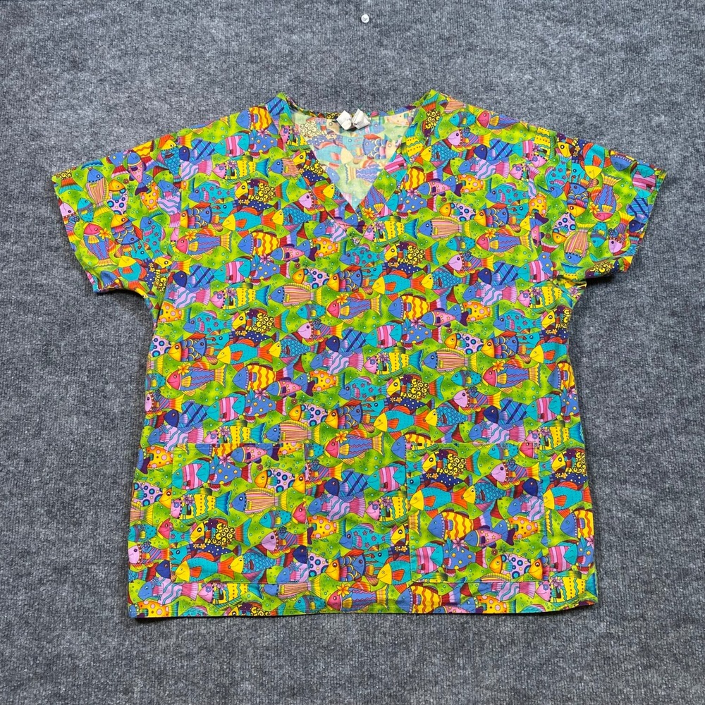 Knot Us Womens XL Scrub Top V-Neck Cotton Tropical Fish Multicolor RN 66390